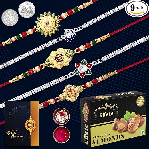 Oblivion Rakhi combo Gift For Brother with Choco coated almond | Best Rakhi Collection | Rakhi Gift for Brother/Sister | Bracelet Rakhi | Rakhi Set Of 5| With Greeting Card,Roli-Chaval,Coin(K5_NC6_CA32)