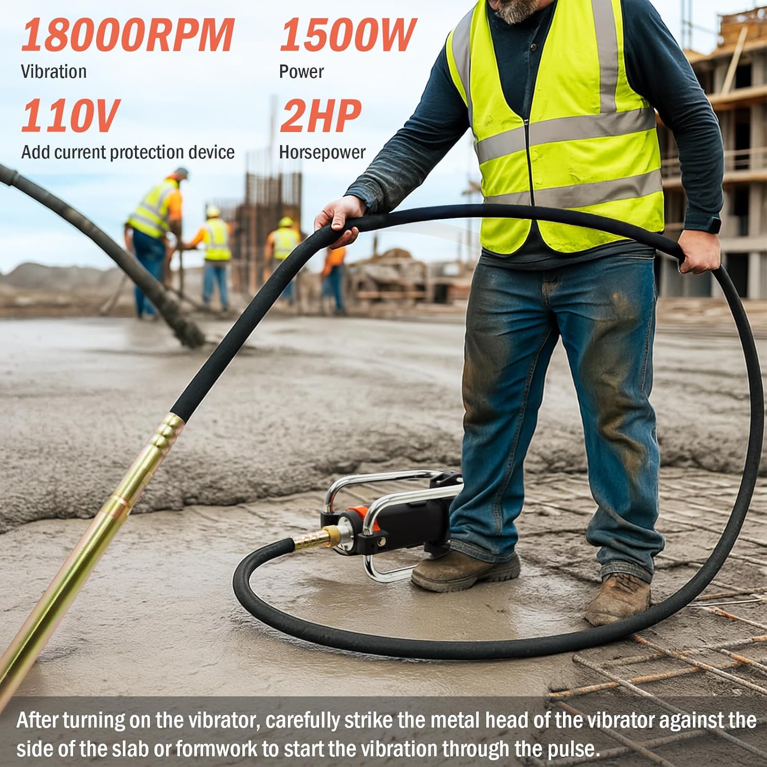1500W Concrete Vibrator 110V 2HP 18000RPM Portable Pencil Type Power 35mm Bottle Shaker 14.7ft Shaft Rod Remove Air Bubbles and Mix Concrete
