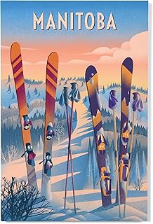 Lantern Press 12x18 Inch Premium Wood Sign, Ready to Hang Wall Decor, Manitoba, Prepare for Takeoff, Skis in Snowbank