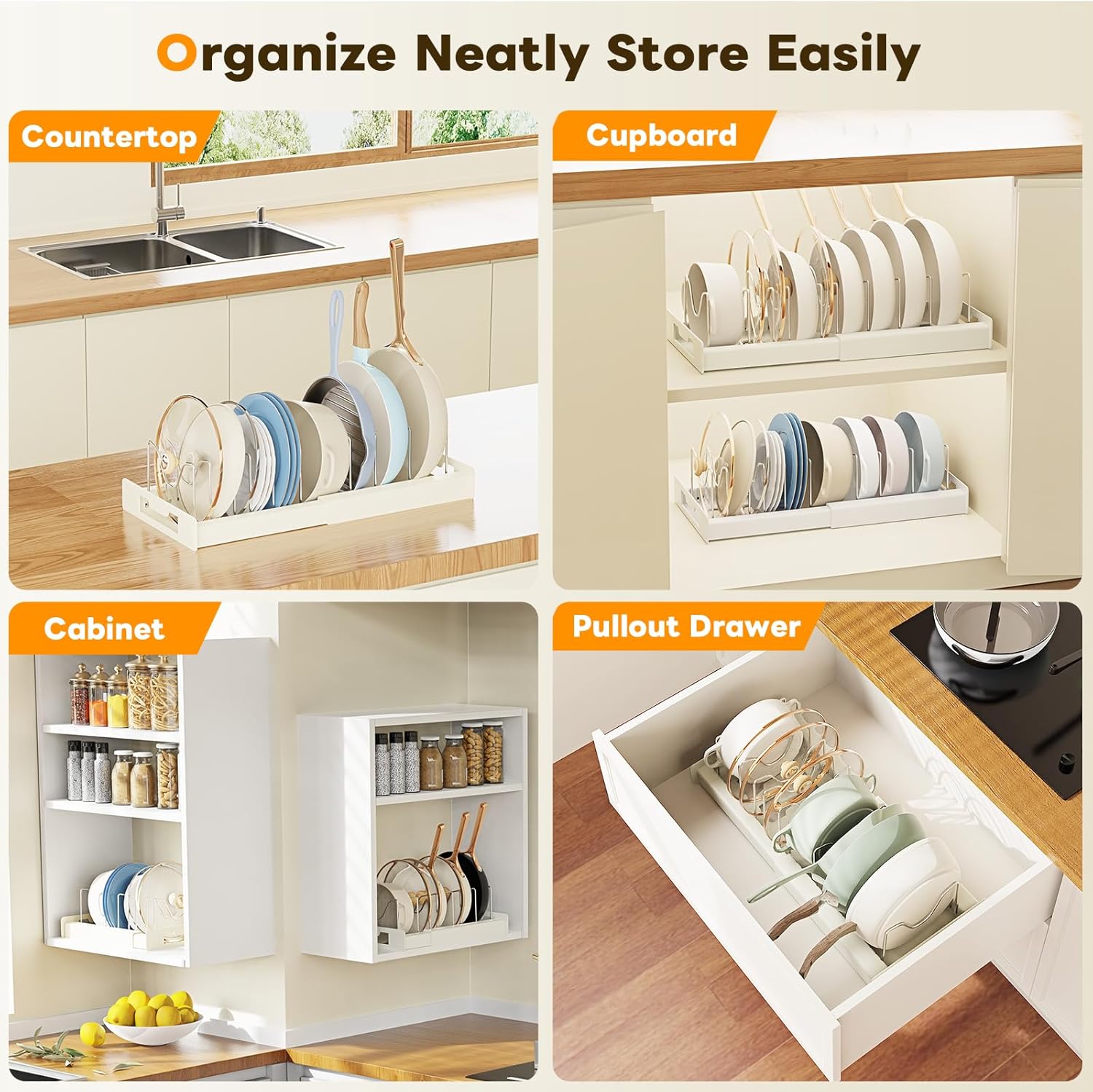 Pots and Pans Organizer Under Cabinet - Pot Lid Holder, Expandable Pan Organizer for Cabinet, Pot Rack with 10 Adjustable Compartments for Kitchen Cabinet, Frying Rack, Lid, Cookware,1 Pcs - Image 5