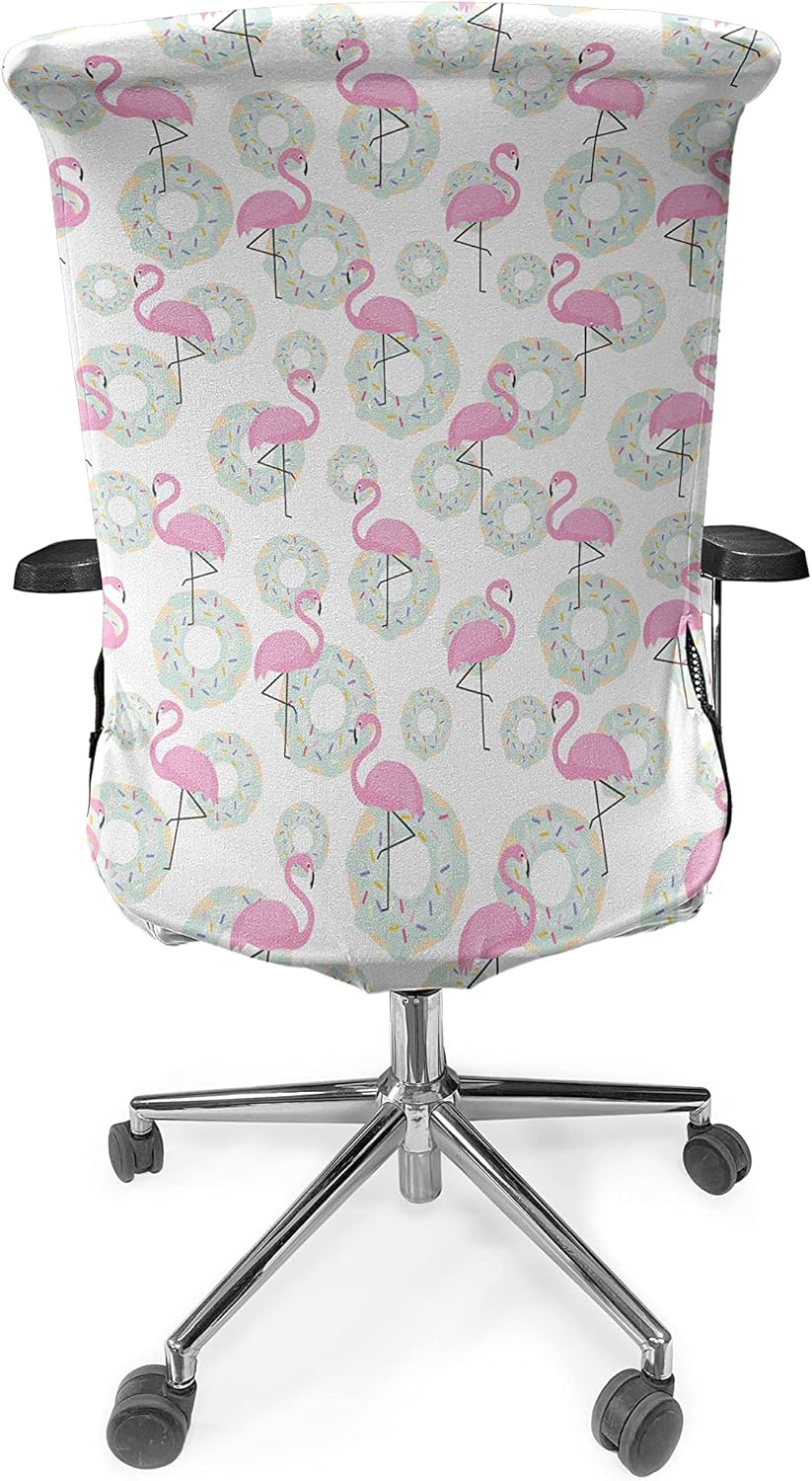 Ambesonne Flamingo Office Chair Cover, Pink Flamingos and Donuts Tropical Hawaiian Animals Delicious Desserts, Stretchable Decorative Universal Size High Back Printed Slipcover, Green Mint
