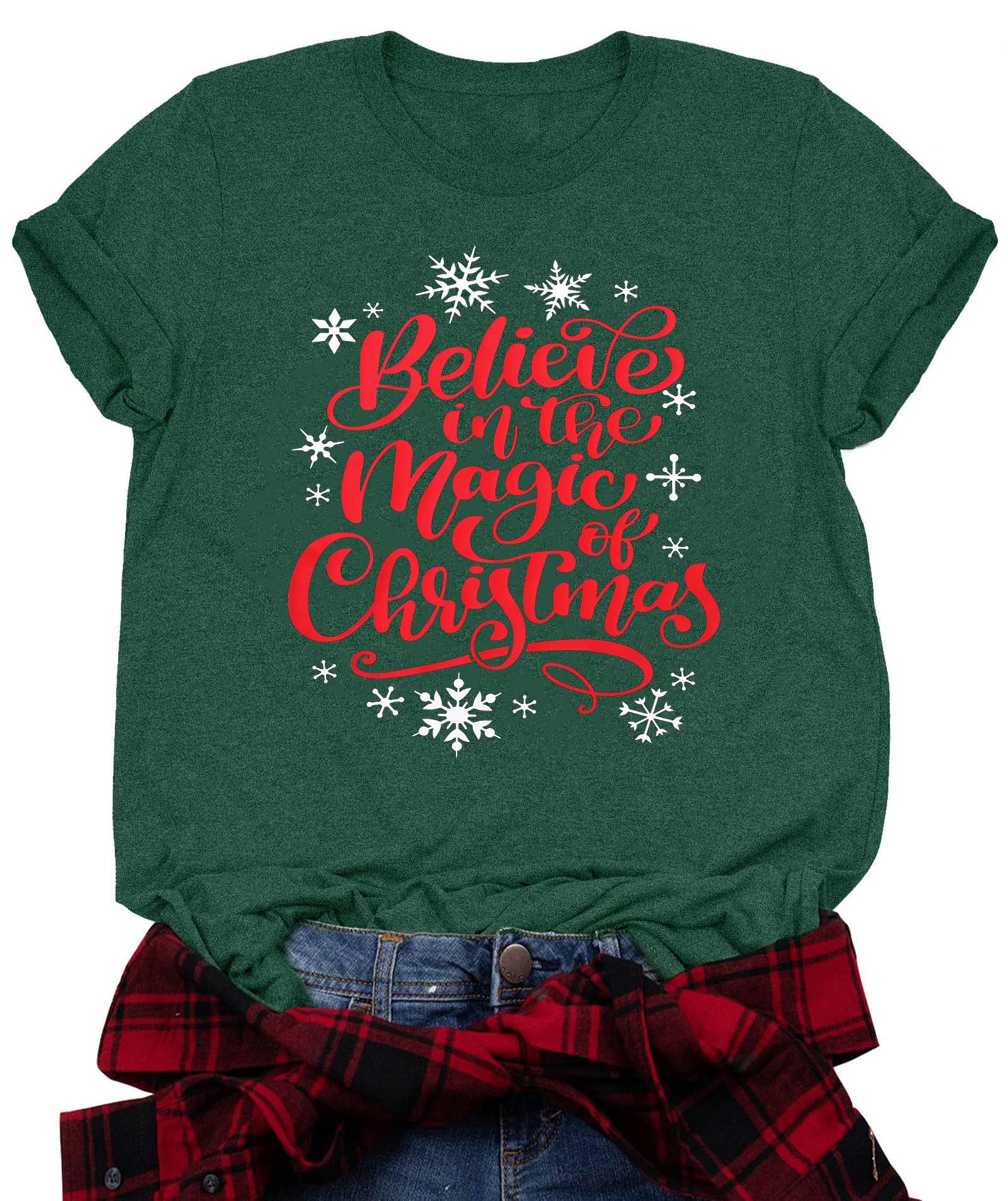 DeranexMerry Christmas Shirts of Women Believe T-Shirt Letter Print Short Casual Sleeve tee Tops