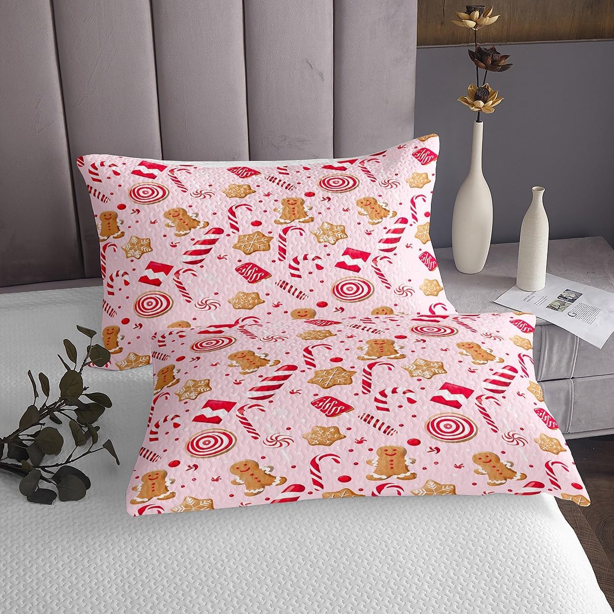 Feelyou Pink Christmas Coverlet Set Gingerbread Man Bedspread for Kids Boys Girls Christmas Candy Cookies Bedspread Xmas Snowflake Quilted Bedroom Collection 2Pcs Twin Size