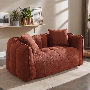 Oversized Bean Bag Chair for Adults, Chenille Lazy Sofa with 3 Pillows, Modern Loveseat Beanbag Couch with Armrests for Living Room, Bedroom, Apartment, No Assembly Required Red