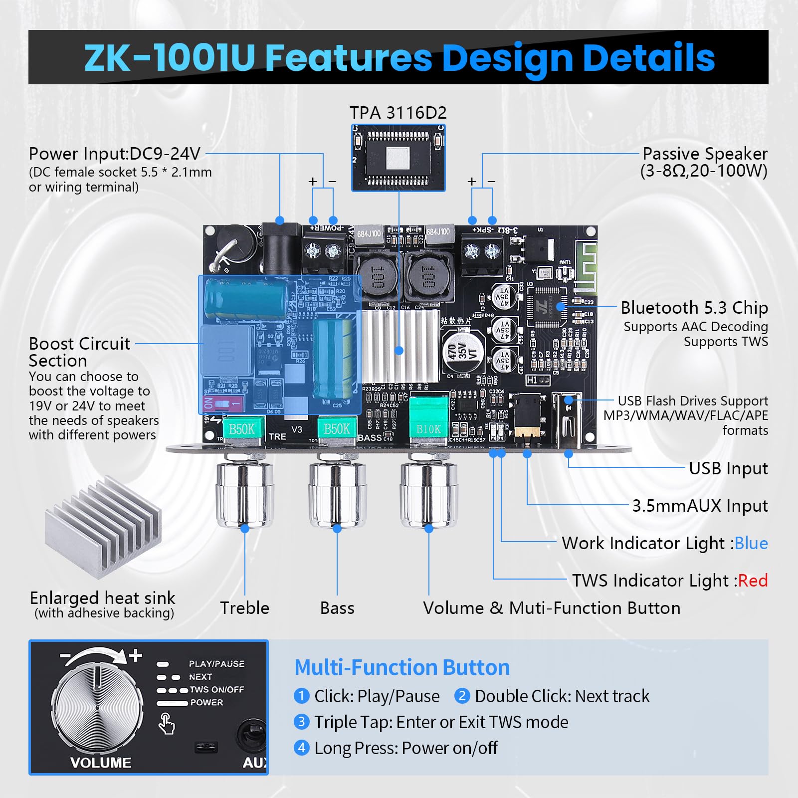 ZK-1001U Amplificateur audio Bluetooth 5.3 100W Stéréo HiFi avec entrée TB/USB/AUX