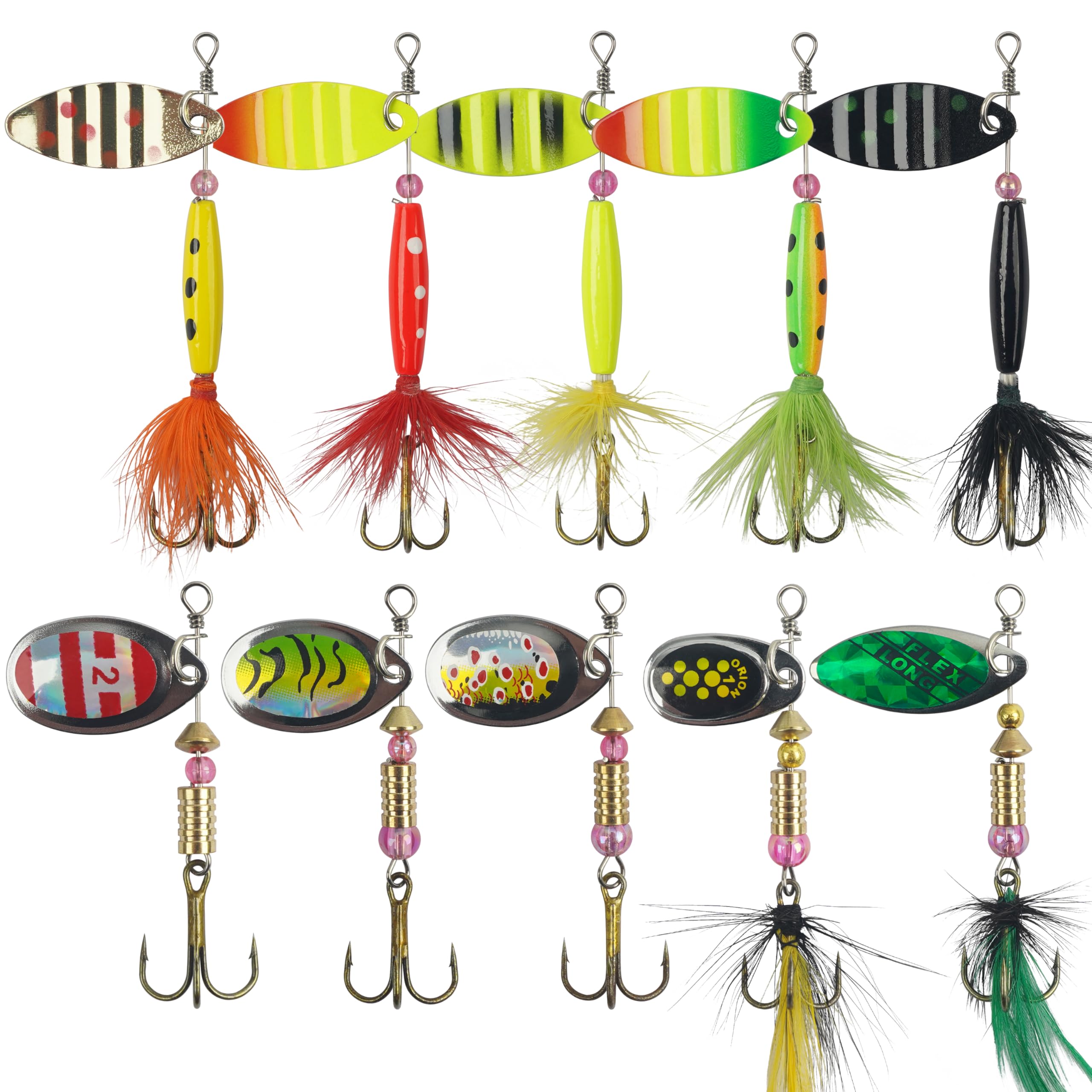 AGOOL Fishing Lures Spinner Baits with Rooster Feather Treble Hooks Inline Spinnerbaits Spoon Bass Salmon Trout Lures Hard Metal Kit with Tackle Box