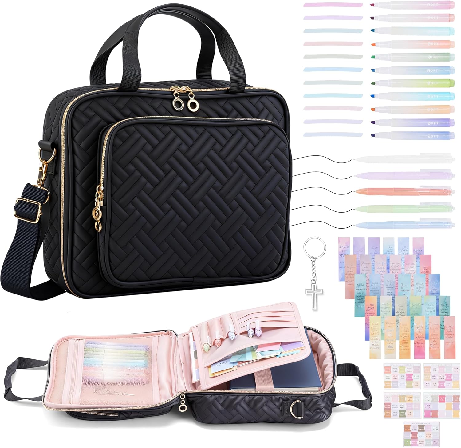 VUSIGN Bible Cover Case with Shoulder Strap, All-in-One Bible Journaling Kit, Bible Study Supplies with Highlighters, Tabs & Gel Pens, Book Carrying Case & Christian Gift Bilbe Bag for Woman
