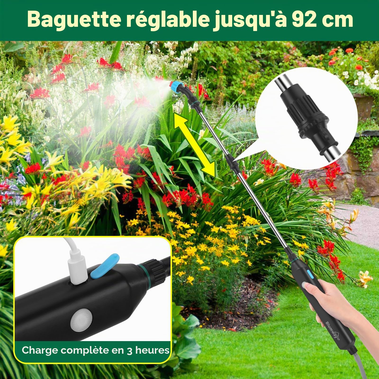 BlumWay Pulvérisateur électrique, 3 buses de brume, poignée rechargeable, manche rétractable, bandoulière réglable pour jardin et pelouse, Vert