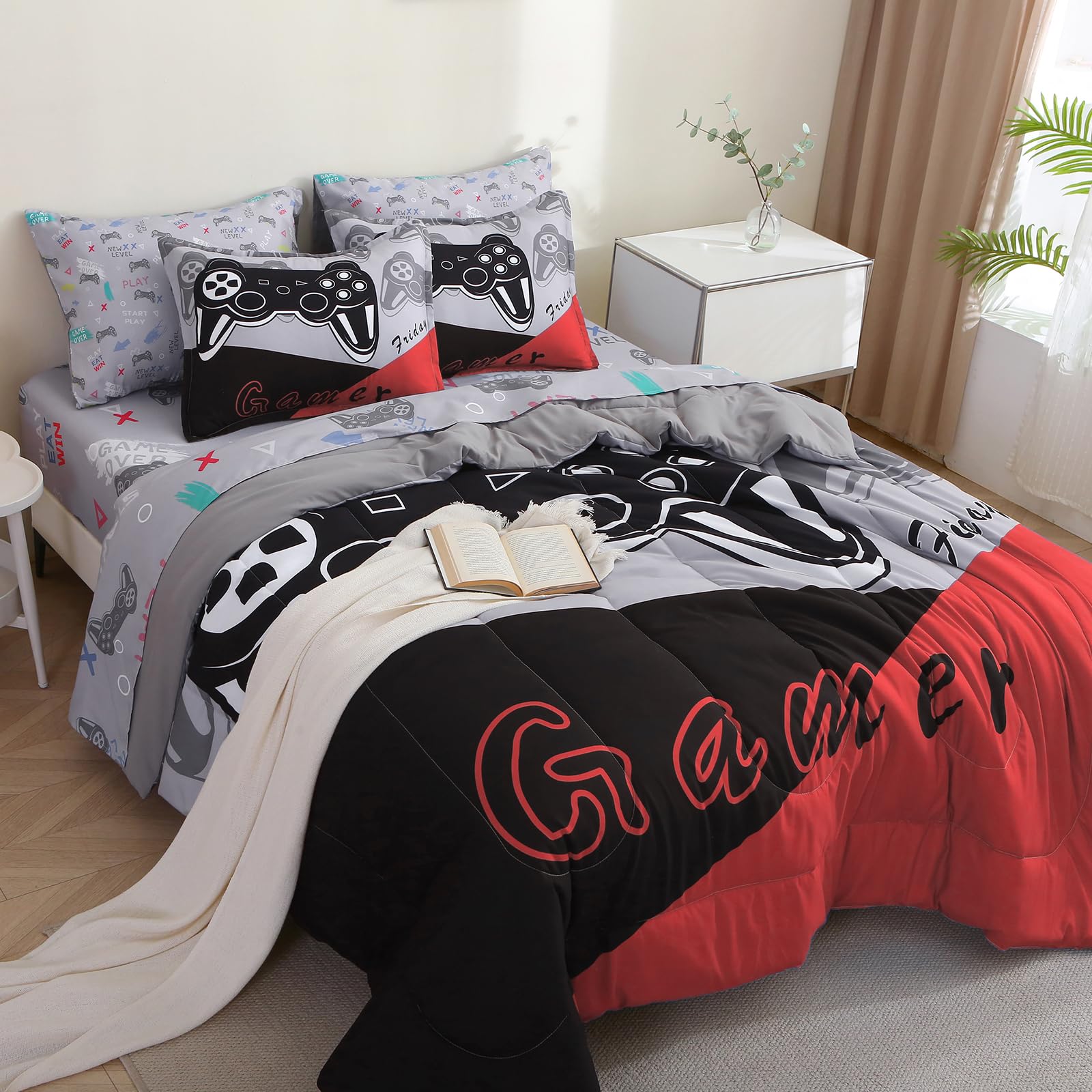 PALENVILI 7 Pieces Gamer Comforter Set for Boys Gaming Bedding Set for Kids Girls Teens,Video Game Bed in a Bag with Comforters, Sheets, Pillowcases & Shams