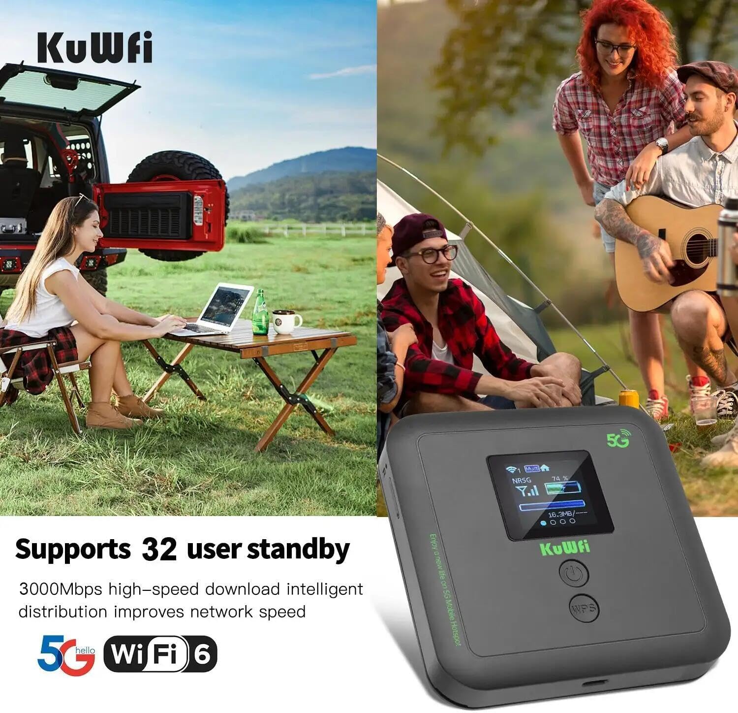 KuWFi 5G01 Mobile Hotspot being used in RV and camping scenarios