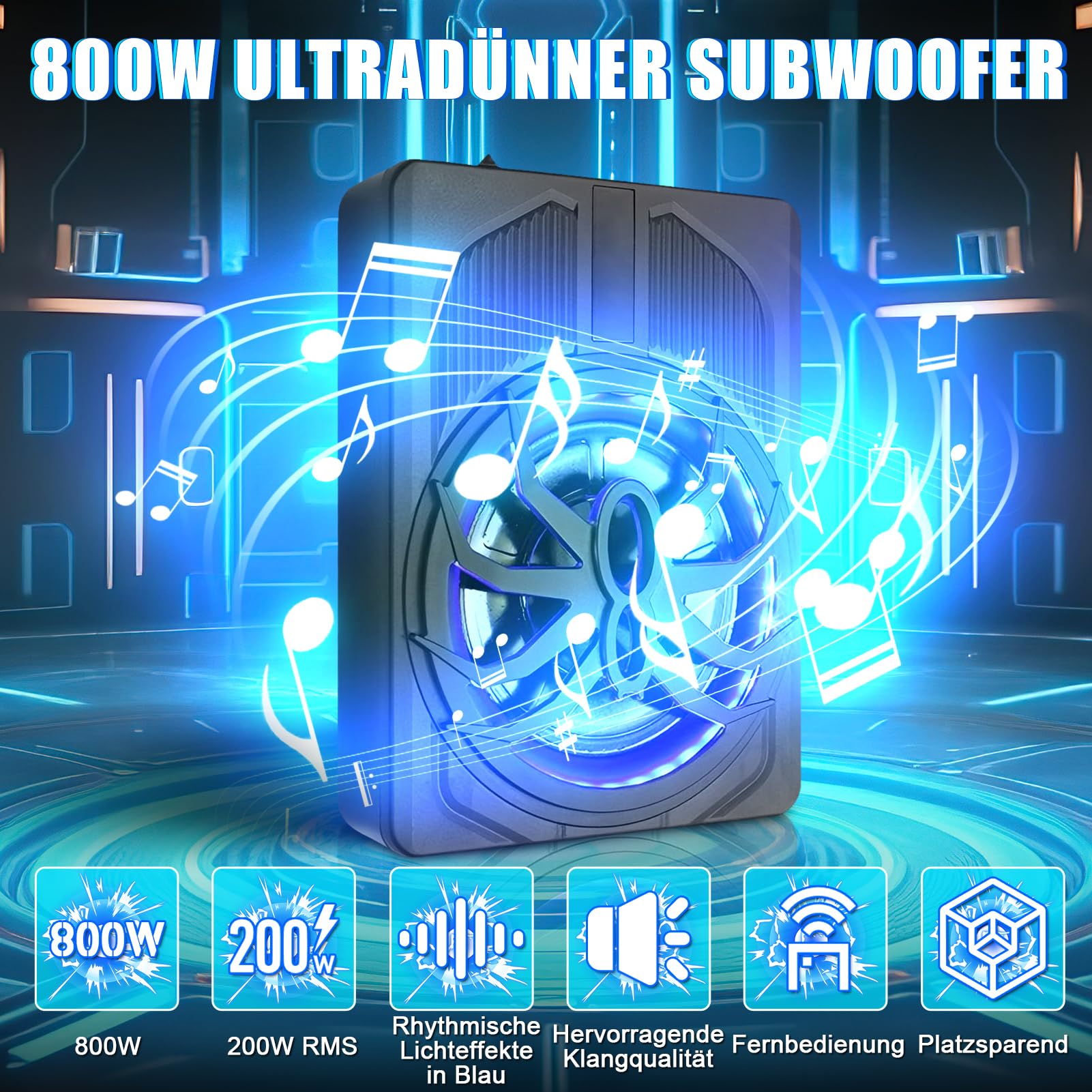 10 Zoll 800W Ultra-Dünner Aktiv-Subwoofer Für Auto/Truck Mit Verstärker, 24dB Starker Bass, Tiefpassfilter 50Hz-150Hz, Controller, Mit Schutzfunktionen, LED Ambiente Licht (Blauem Licht)