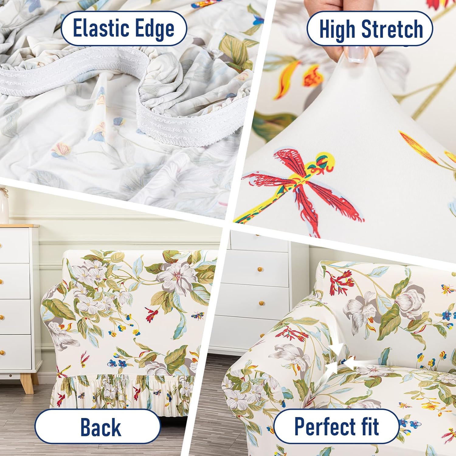 FUANGUI Armchair Slipcover Armchair Cover 1 Piece, Stretch Sofa Couch Cover with Skirt, Couch Slip Covers Pet Friendly, Washable Couch Covers for Sofa, Printed Furniture Protector (1-Seater, 31"-47")