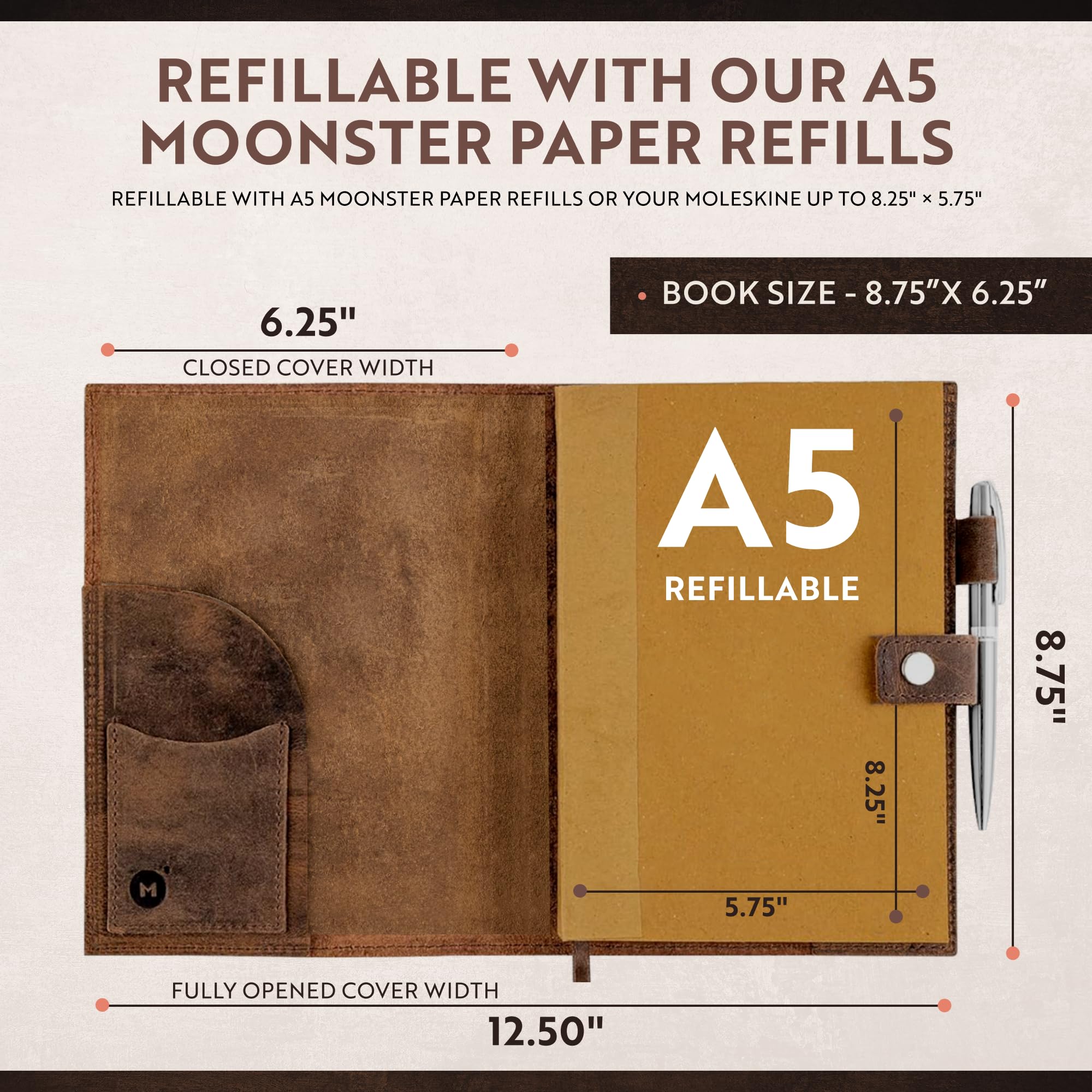 moonster Nachfüllbares Tagebuch Leder A5 – Notizbuch für Damen – Notizbuch Leder A5 - Ledereinband für Notizbücher mit Stift – Einband Liniert – Edles Notizbuch - Leather Cover Journal