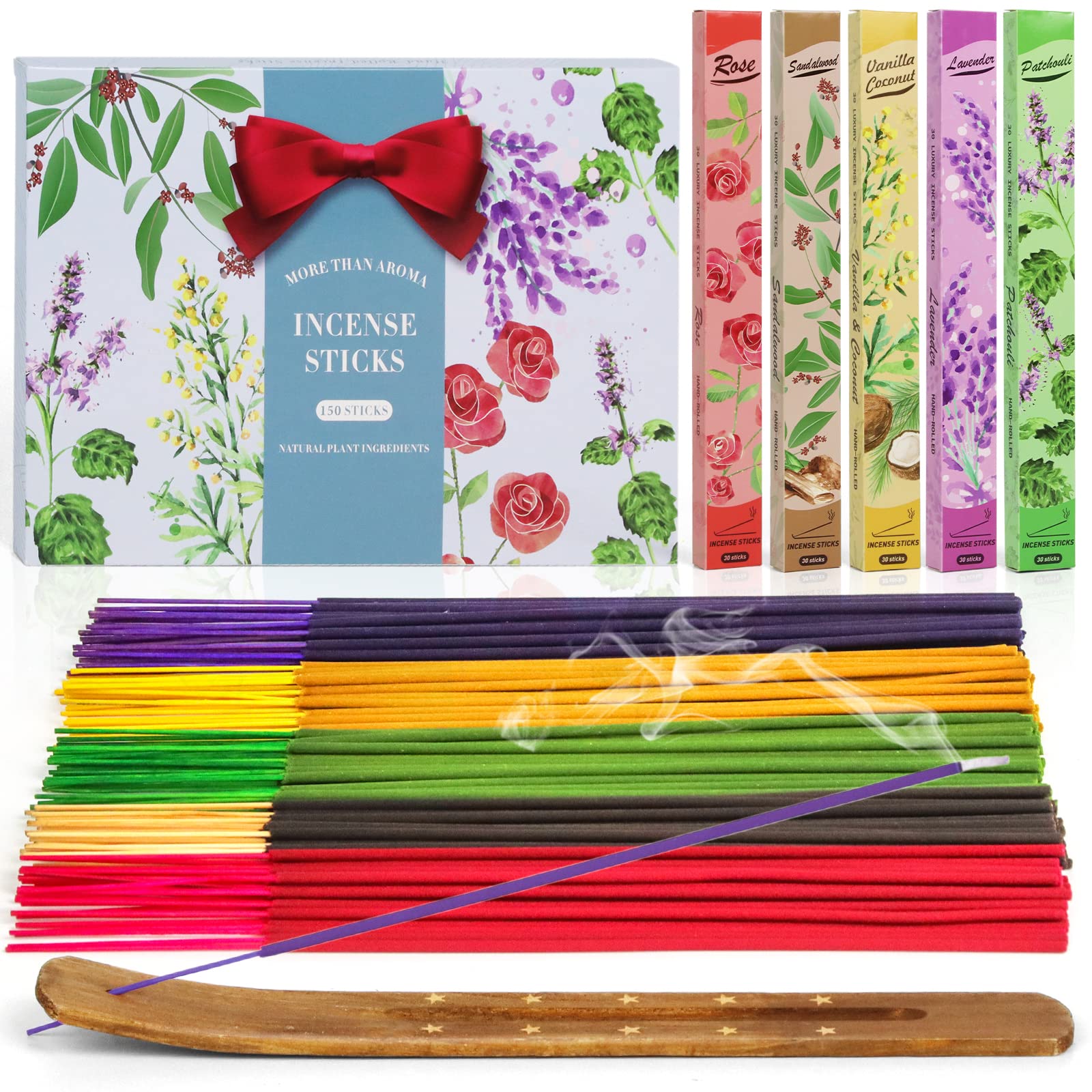 Räucherstäbchen, 5 Düfte von Sandelholz, Lavendel, Rose, Patchouli, Vanille & Kokosnuss, perfekt für Yoga, Aromatherapie, Meditation, Geschenkset für Muttertag, Geburtstag, 150 Sticks mit Halter