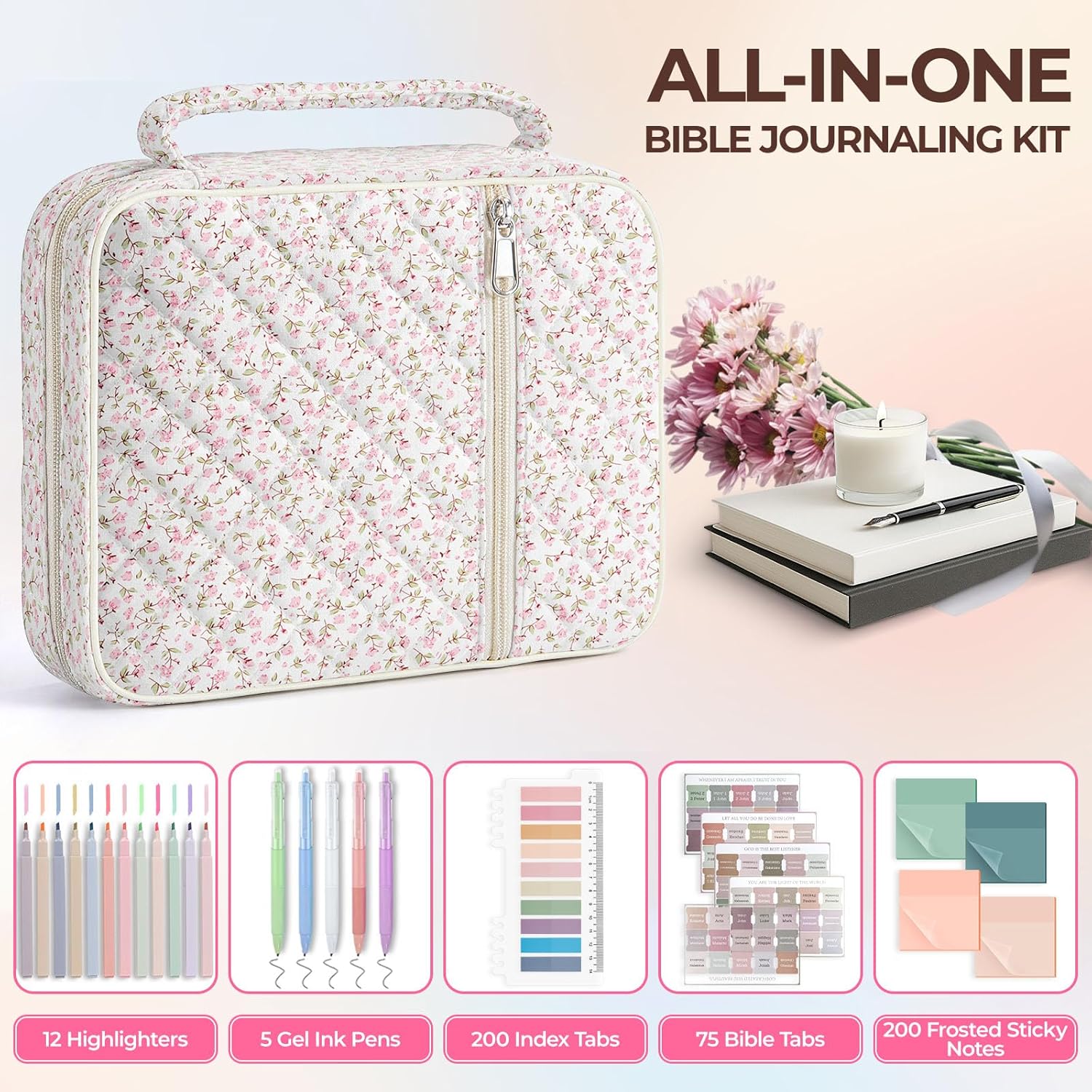 Quilted Bible Cover Case for Women with Bible Study Supplies Journaling Kit Floral Bible Bag Carrying Case with Pastel Highlighters Tabs, Women Christmas Christian Gifts (Pink Floral, L)