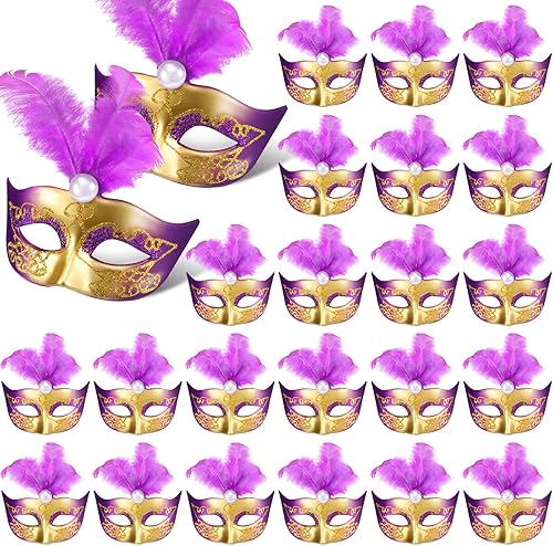 Charniol 24 Pcs Mardi Gras Masks Mini Masquerade Small Mask Dress Up Cake Toppers Decorative Venetian Centerpiece Party Decor (Purple)