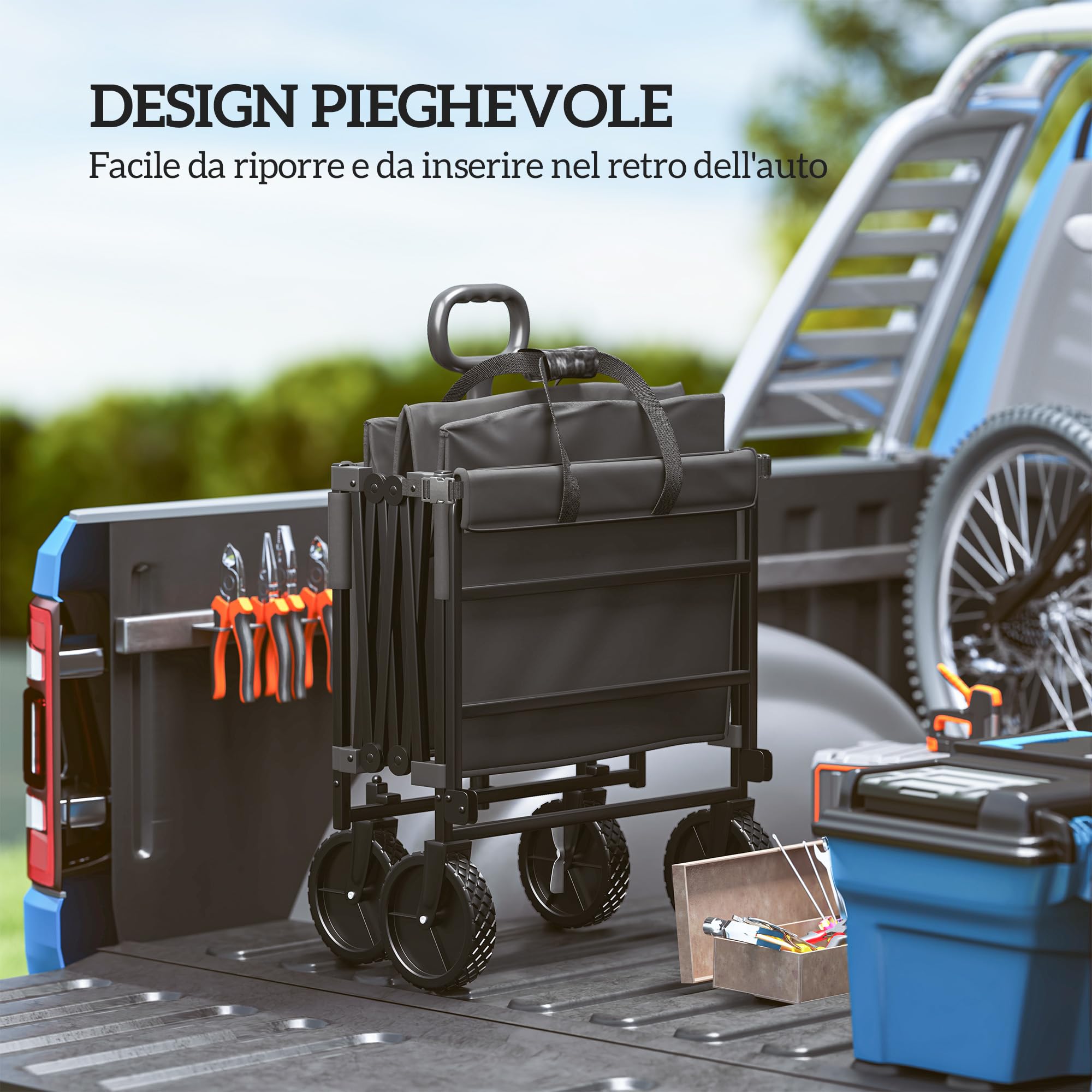 Outsunny Carrello Campeggio da 160L con 4 Ruote Girevoli, Carrello da Campeggio Pieghevole in Acciaio e Tessuto Oxford con Borsa Espandibile e Maniglia Girevole e Regolabile, 95x55x102 cm, Nero