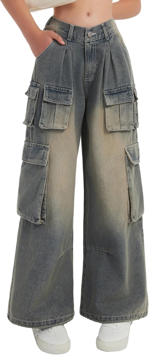 EXARUS Girls Baggy Jeans Cargo Wide Leg Pants Denim Teen with Pockets Back Elastic Waist Mid Rise Casual 8-14Y