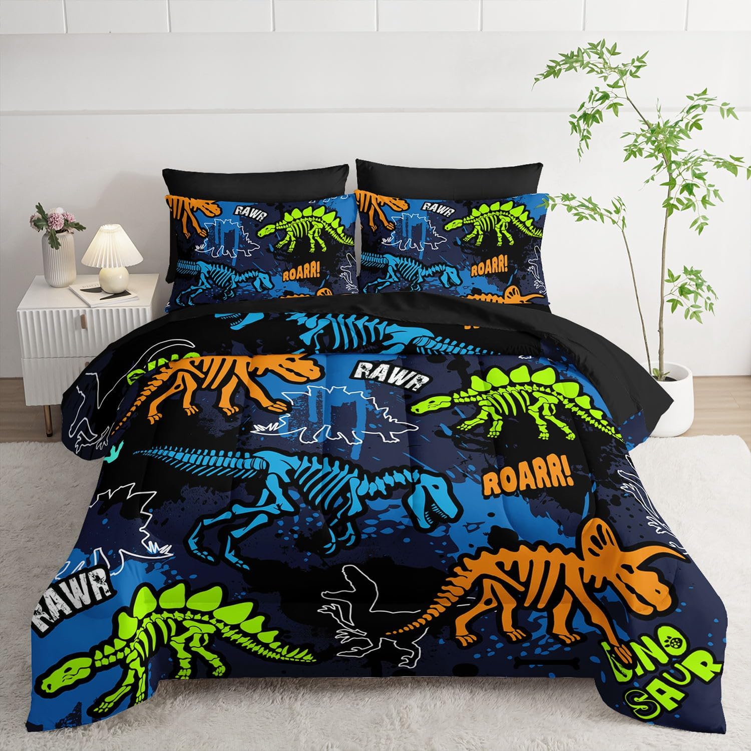 7Pcs Comforter Set Dinosaur Theme Printed Bedding Set with 1 Comforter, 1 Flat Sheet, 1 Fitted Sheet and 4 Pillowcases for Boys and Girls Bedroom (Dinosaur Twin