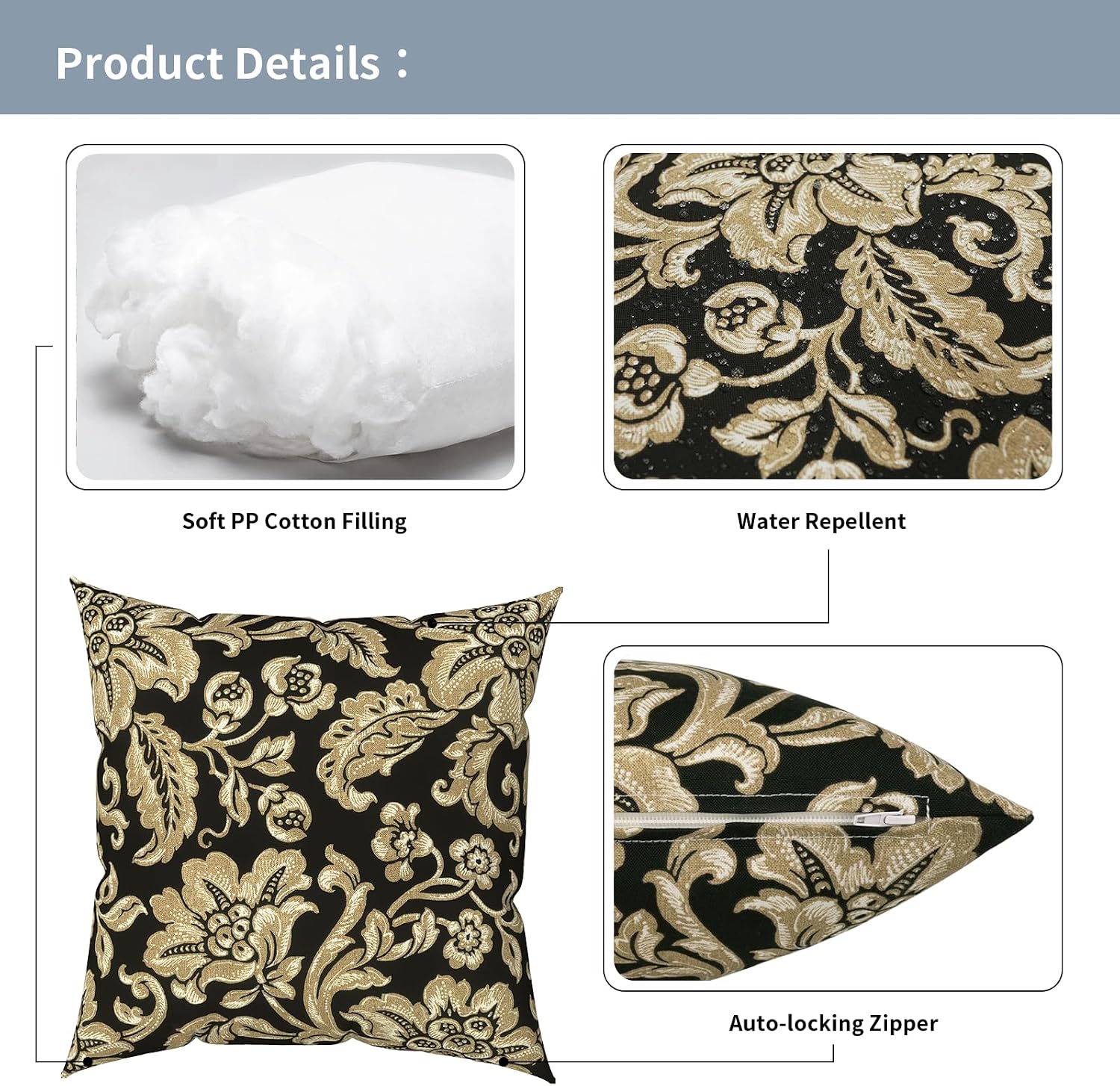 Outdoor Pillows with Insert 20x20 Inch, Waterproof Throw Pillow for Patio Furniture, Decorative Back Cushion for Garden Home Sofa Office Chair, Set of 2, Jacobean Black image 4