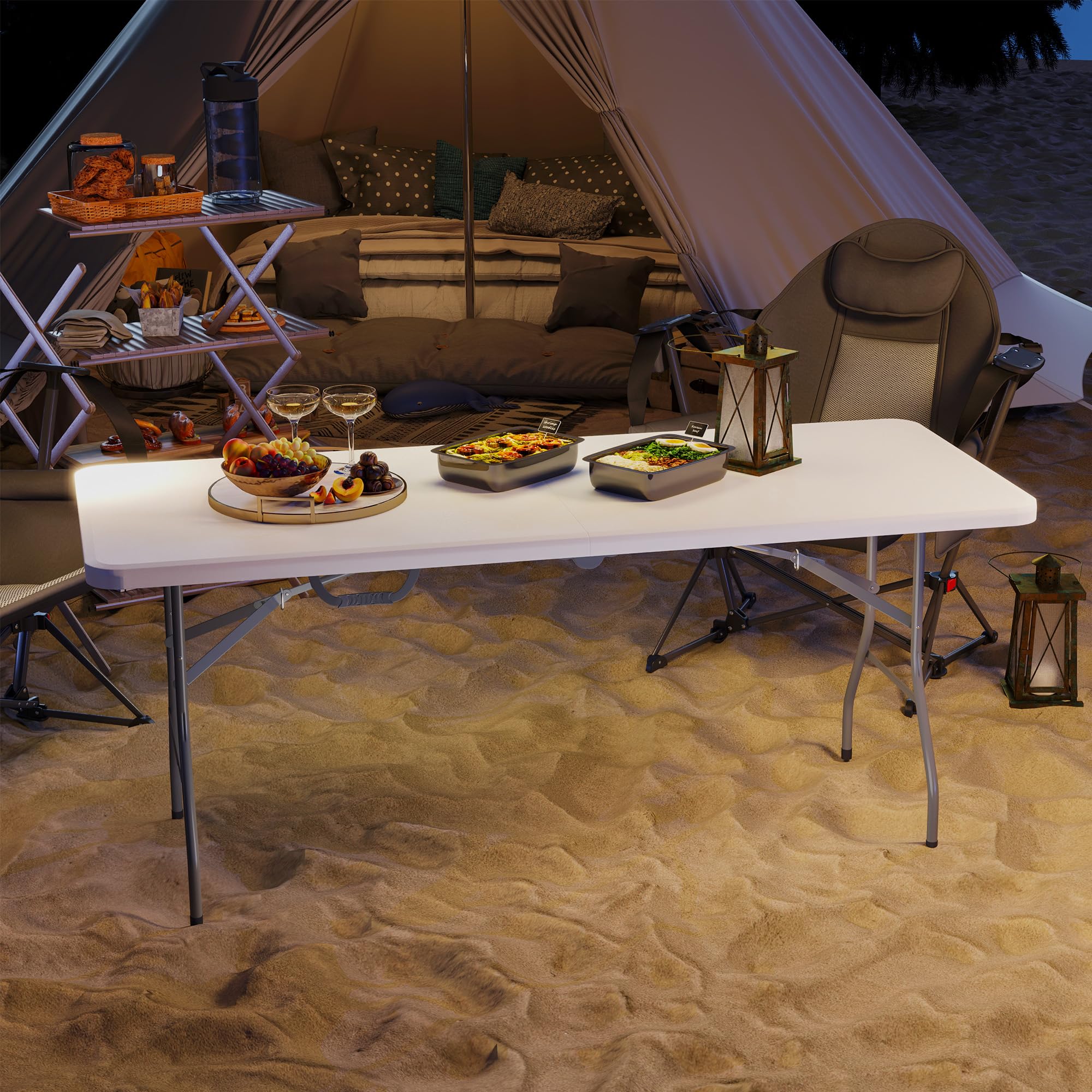 Outsunny Tavolo da Campeggio Pieghevole 180x74x74 cm Bianco, Tavolino da Esterno con Telaio in Metallo