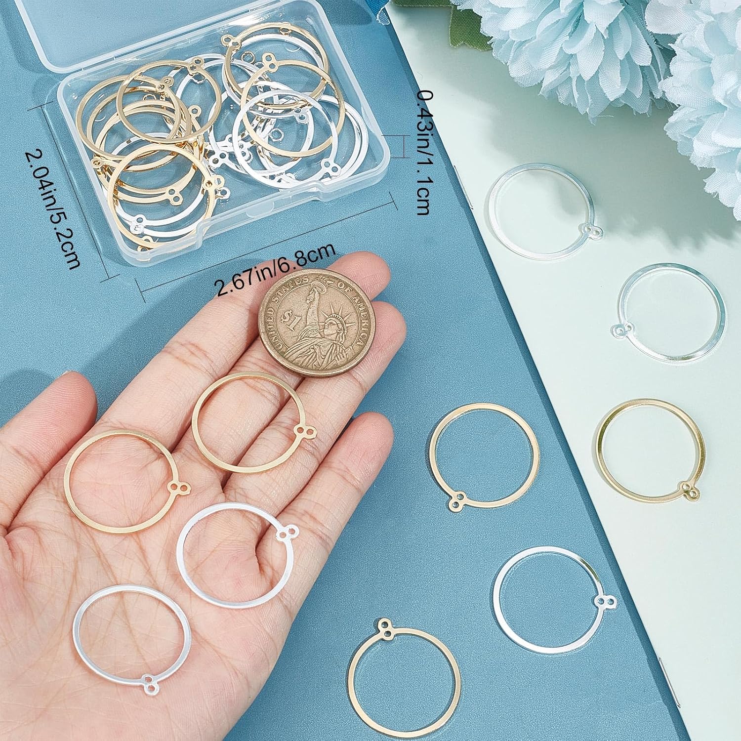 CREATCABIN 1 Box 32Pcs Golden Silver Round Beading Earring Hoops Open Back Bezel Pendant Real 18K Gold Plated Brass Circle Hollow Charms with Loop 12Pcs Jump Rings for DIY Jewelry Making Supplies image 3