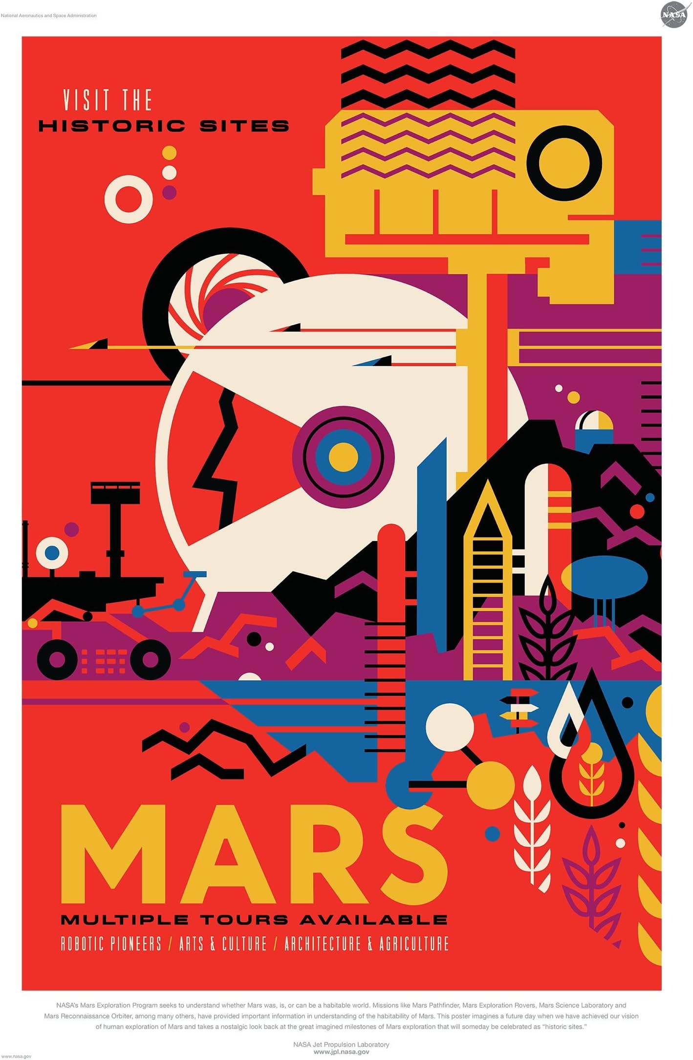 Mars: Visit the Historic Sites - NASA JPL Space Tourism Travel Poster - Unframed (24" x 36") - Certified Digital Fusion Print 200 Year Lifespan Archival inks