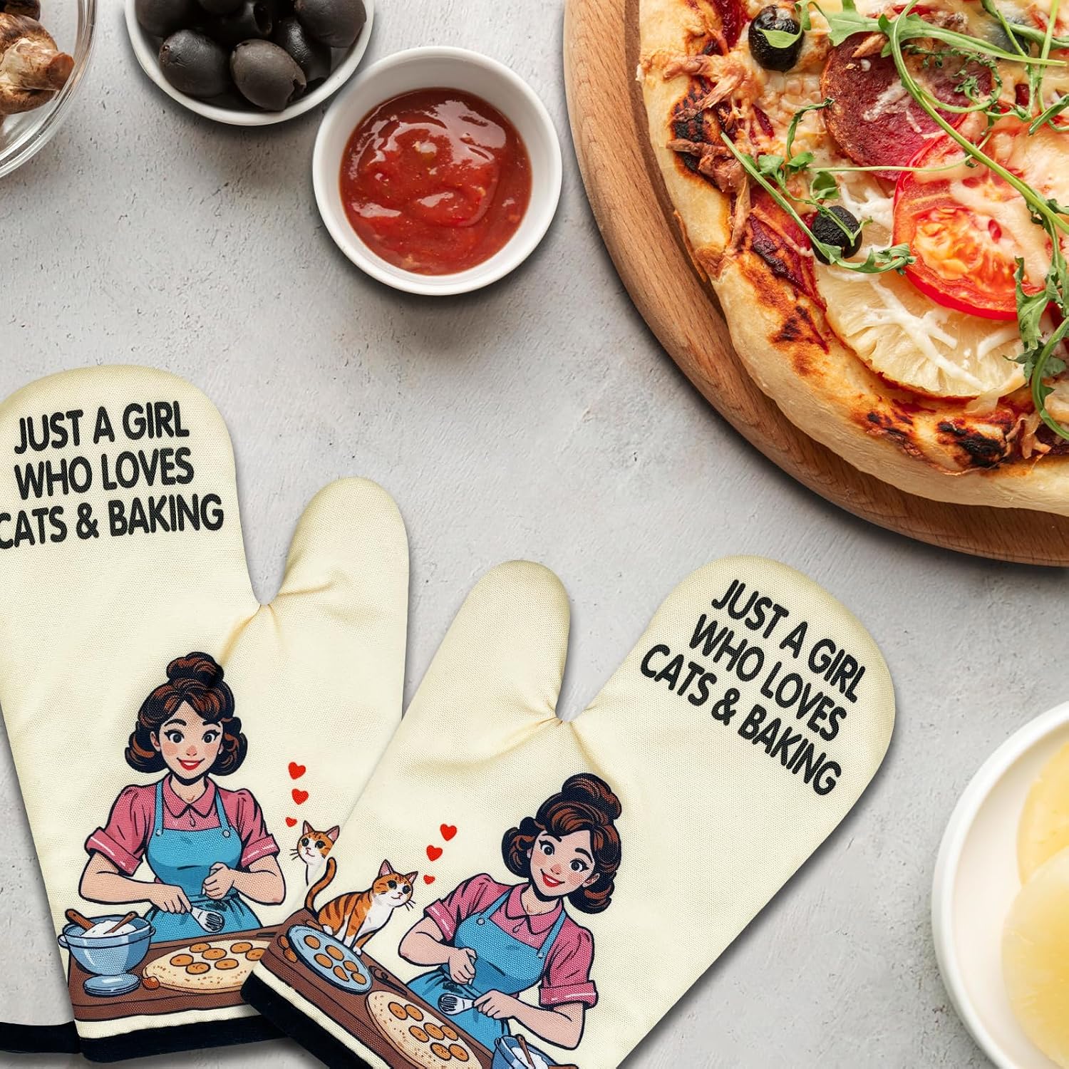 2 Pack Funny Oven Mitts for Women, Just A Girl Who Loves Cats & Baking, Vintage Lady Heat Resistant Silicone Non-Slip Mitts, Cat Lovers Gifts, Kitchen Baking Gifts for Hostess Baker Friend