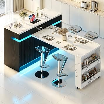 Extendable Large Kitchen Island with Power Outlet, 74.8"-101" Modern Stationary Kitchen Table with Marble Top and with LED Lights, Pull-Out Dining Table with Storage Drawers for Dining Room, Black