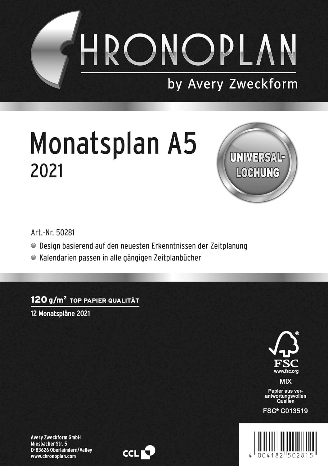 Chronoplan 50281 Calendrier 2021, planning mensuel A5 (148 x 210 mm