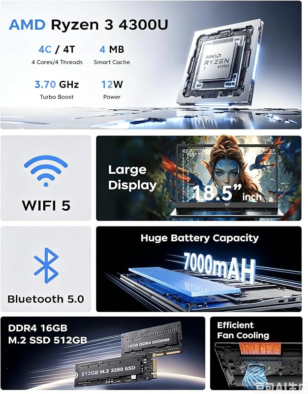MALLRACE Laptop,18.5 Inch Laptops Computer with 7000 mAh Battery,AMD Ryzen 4300U (up to 3.7GHz),16GB DDR4 RAM 512GB SSD,AMD Radeon Graphics,WiFi,Dual Type-C,2026 Windows 11 Laptops for Multitasking image 2