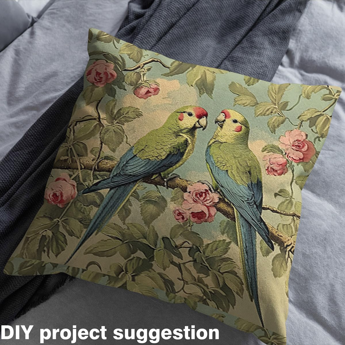 Erosebridal Cute Parrot Fabric by The Yard,Cartoon Wildlife Bird Upholstery Fabric for Kids,Watercolor Style Floral Flowers Branch Clouds Pattern for Quilting Sewing,3 Yards,Pale Pink Green Blue