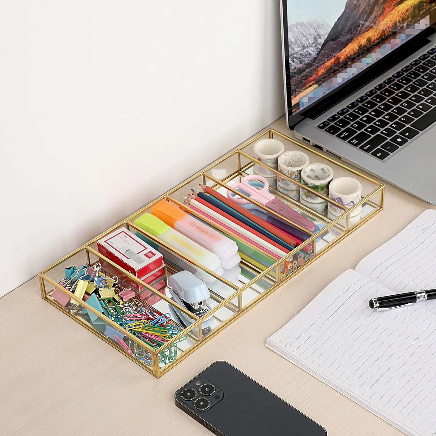 Hipiwe Glass Sunglass Organizer Tray Eyewear Eyeglass Storage Display Case Gold Mirrored Jewelry Perfume Display Tray Vintage Gold Sunglass Storage Case for Drawer Dresser Closet, 6 Slots