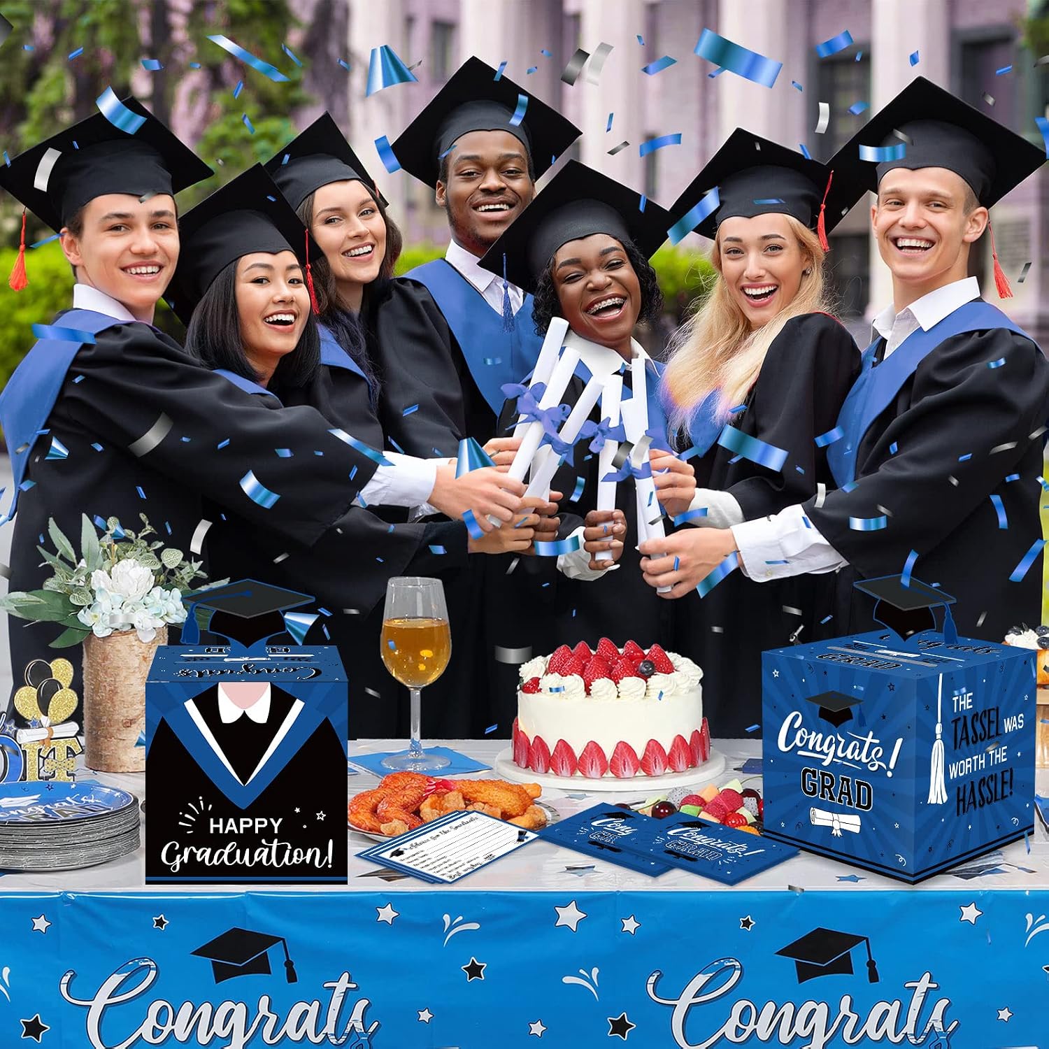 Funrous Large 2026 Blue and Black Graduation Card Box with 30 Pcs Advice Card Gift Money Box Congrats Grad 3D Cap Top Holder Class of 2026 Party Decorations College Graduation Supplies