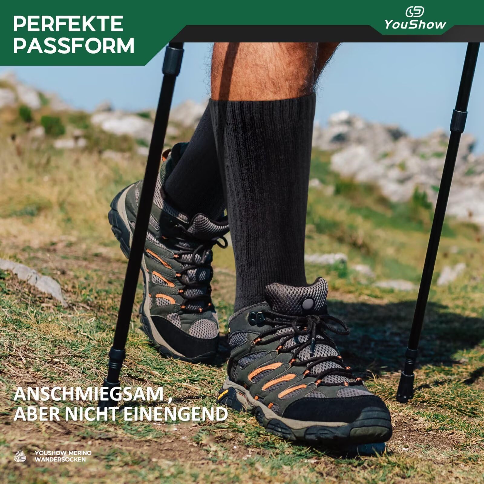 YouShow Calcetines de senderismo Merino 3 pares con acolchado antiburbujas
