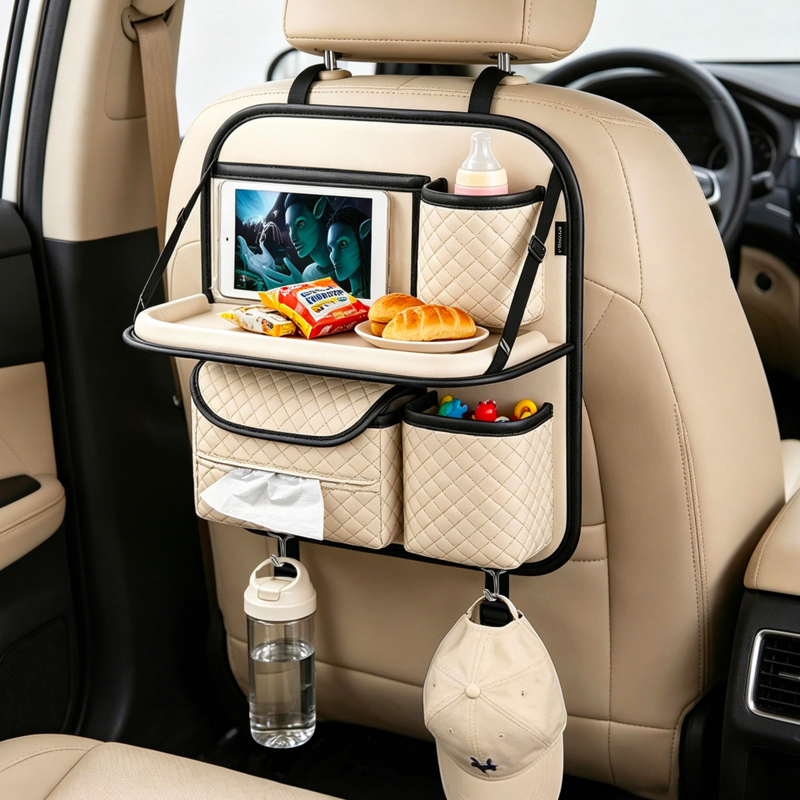 PU Leather Backseat Car Organizer with Tray, Cup Holder, Tablet Pocket & Tissue Holder, Back Seat Car Organizer for Kids and Women, Universal Car Seat Storage Organizer (Beige)