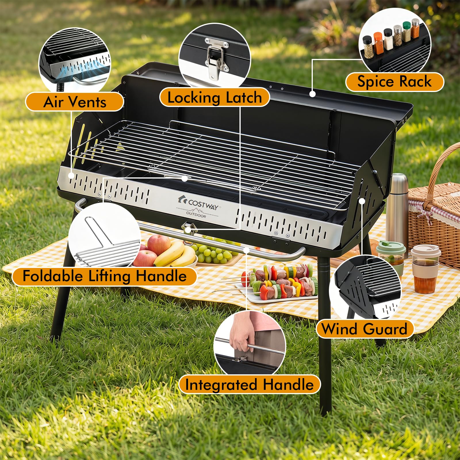 COSTWAY Barbecue Carbonella, Barbecue Pieghevole con Griglia Regolabile in Altezza, Paravento Laterali, Gambe Smontabili, Pinza per Carbone e Borsa Portatile per Campeggio e Picnic