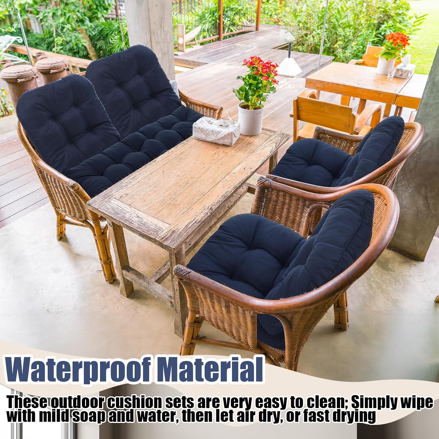 Youyole 7 Pcs Outdoor Wicker Chair Cushions Set with 1 Loveseat 44 x 19 in Weatherproof & 6 U Shaped Cushions for Wicker Patio Furniture Porch Swing Bench Seat Sofa Couch (Dark Blue)