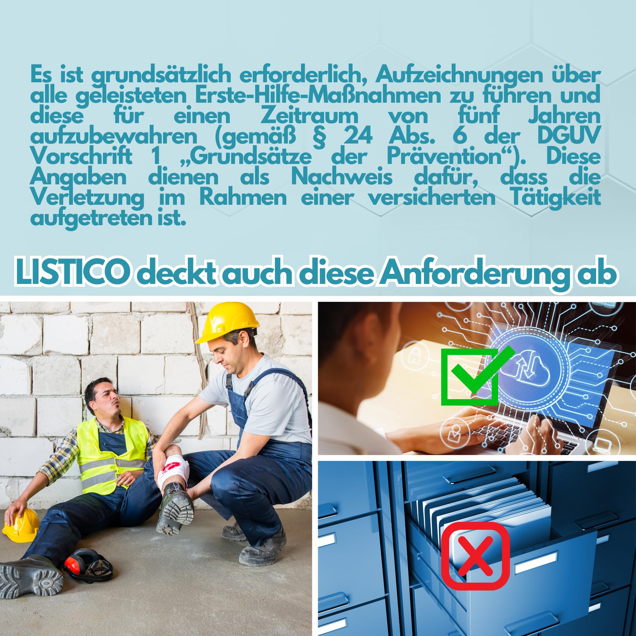 Digitales Verbandbuch für Betriebe als Web-App ✓ keine Installation, sofort loslegen ✓ DSGVO- und DGUV-konform ✓ Erste-Hilfe Dokumentation ohne Papierkram ✓ Überall abrufbar - Verbandsbuch Meldeblock