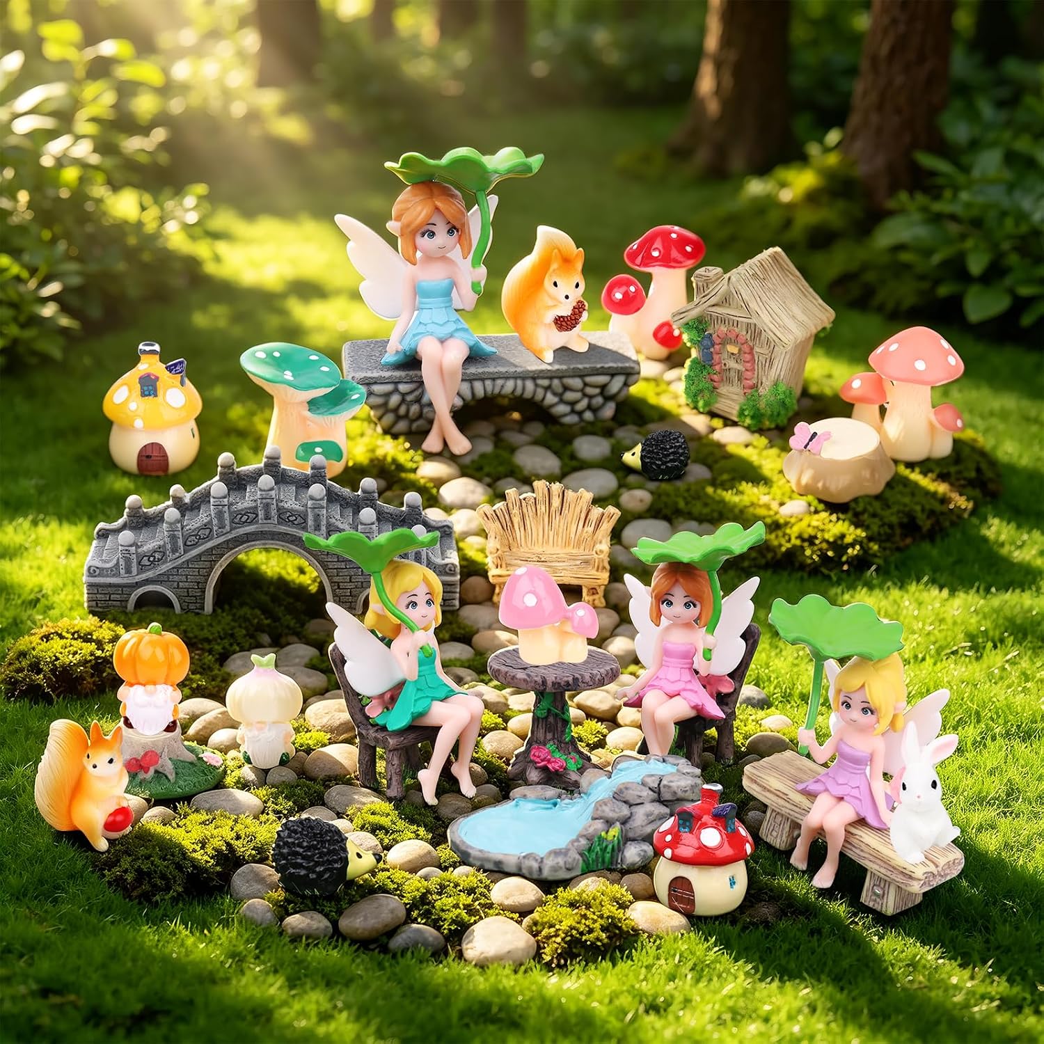 30 Pcs Fairy Garden Accessories Kit, Resin Landscape Ornaments with Toadstools, Arch Bridge, Tree-Stump Houses and Forest Animals, Mini Decor for Terrarium, Bonsai, Patio and Yard