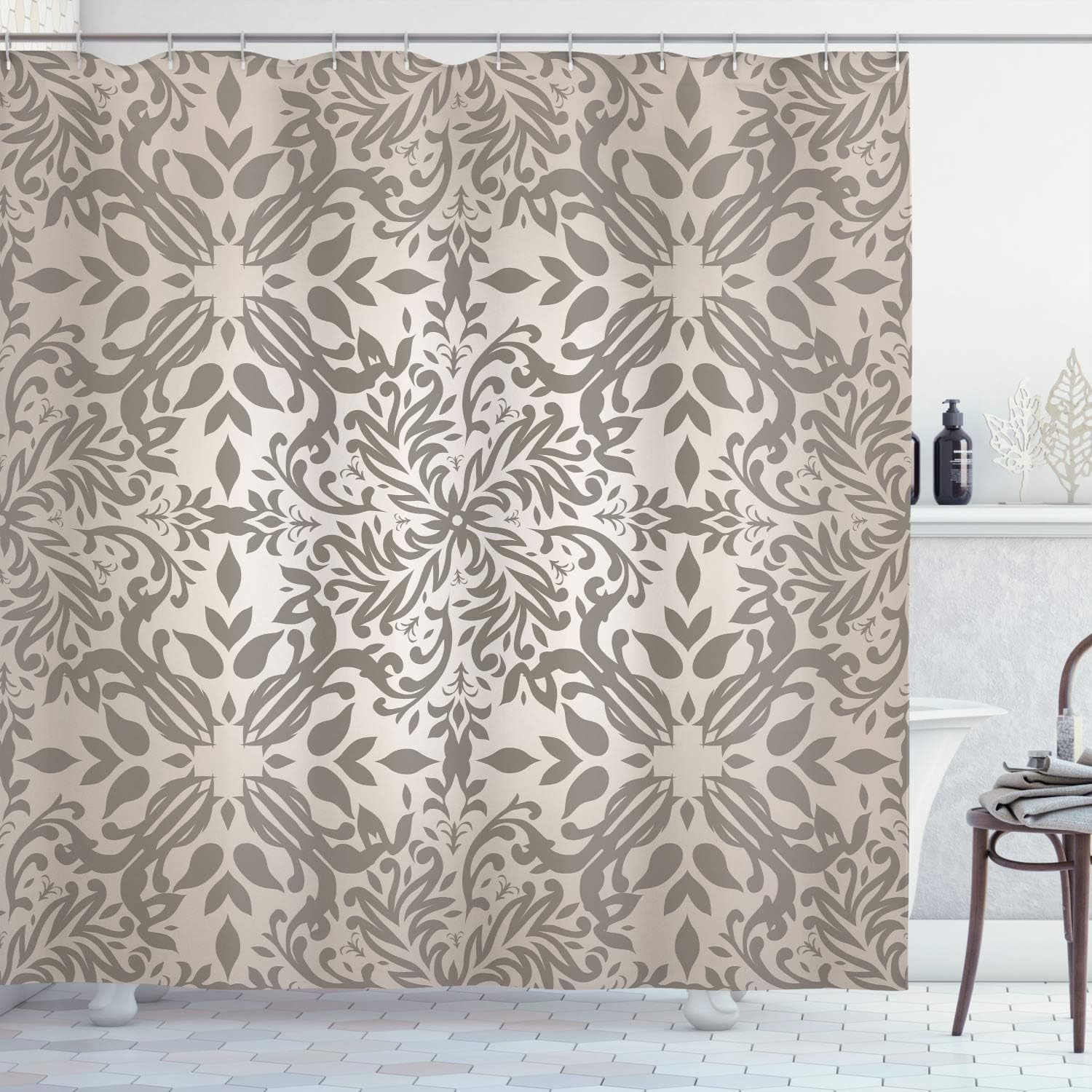 Ambesonne Oriental Shower Curtain, Mandala Inspired Curly Flowers and Leaves Details Frame Illustration, Cloth Fabric Bathroom Decor Set with Hooks, 70" Long, Dark Mustard