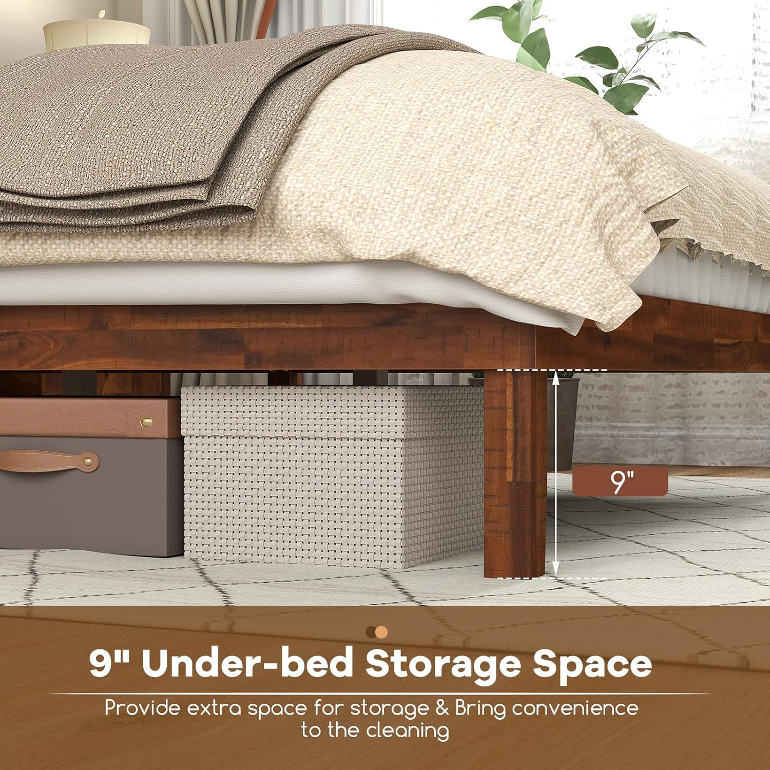 KOMFOTT Queen Size Wood Bed Frame with Headboard, Solid Acacia Wood Platform Bed Frame, Wooden Slats Supported Bed Base with Under-Bed Storage Space, No Box Spring Needed, Wood Queen Bed (Brown,Queen)