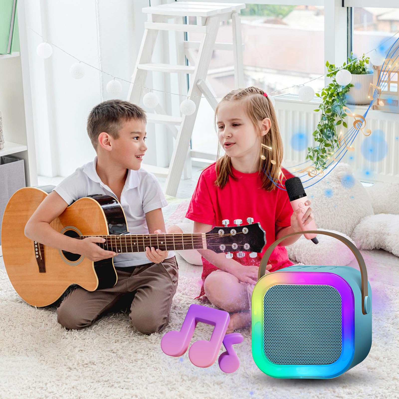 Karaoke per Bambini con 2 Microfoni Wireless – Altoparlante Bluetooth 5.0 con Luci LED e Effetti Vocali – Portatile per Feste, Compleanni e Regali