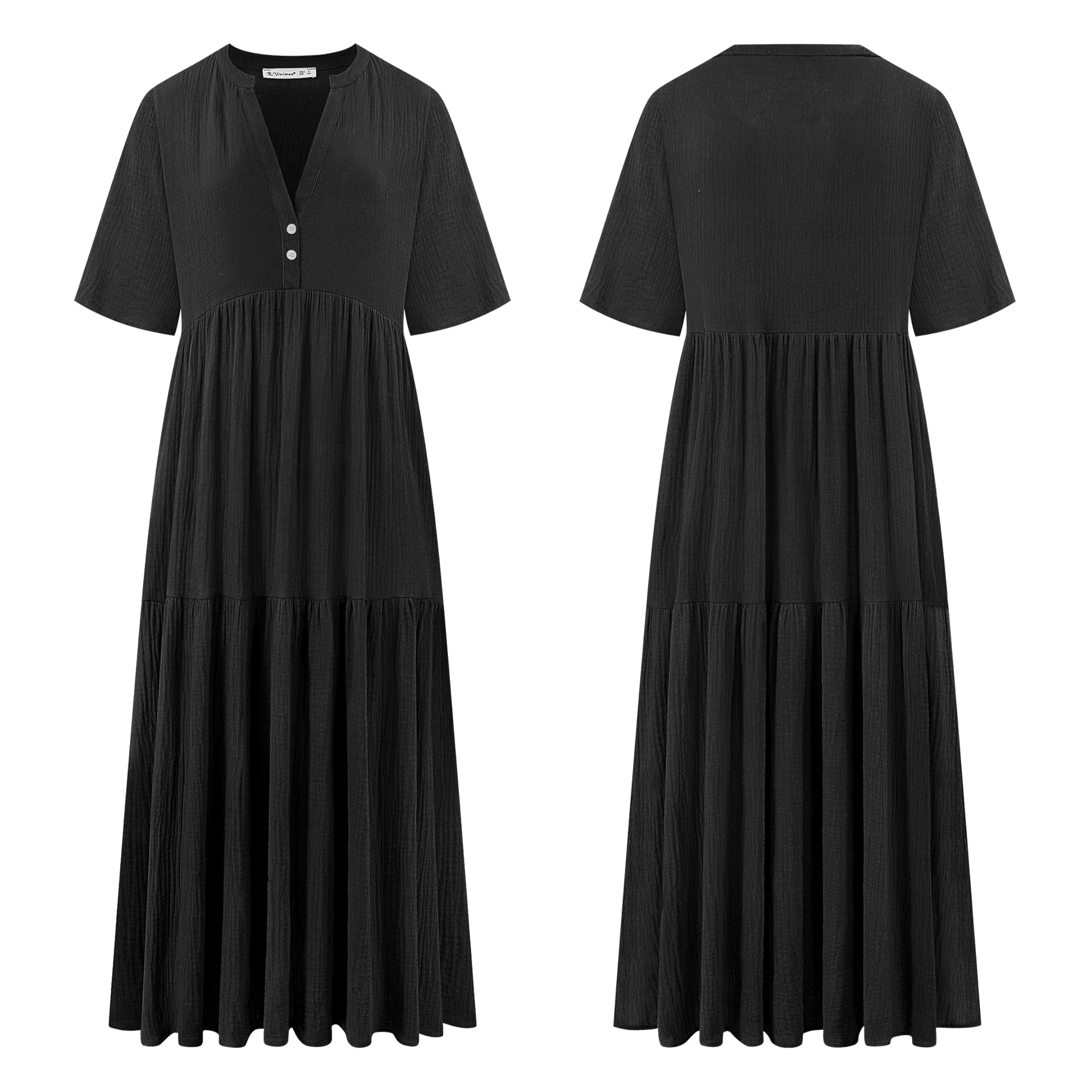 R.Vivimos Vestito Estivo A Maniche Corte con Scollo A V delle Donne Vestito Lungo da Spiaggia Casual Maxi Abito(M,Nero)