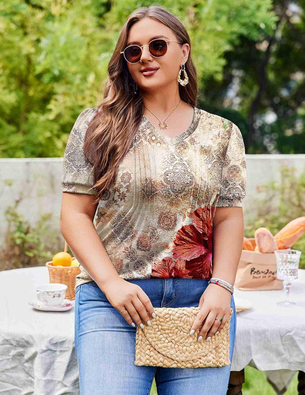 IN'VOLAND Plus Size Tops for Women Summer Puff Short Sleeve Tunic Pleated V Neck Shirts Casual Floral Solid Blouse - Image 2
