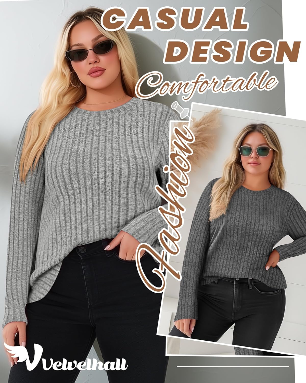 3 Pack Women's Plus Size Tunic Sweaters Ribbed Long Sleeve Slim Fit Shirts Crewneck Pullover Casual Tops - Image 5