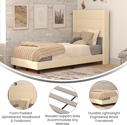 Miniatura 5 de EMMA + OLIVER Holt Modern - Cama de plataforma - Tapicería de lino sintético beige - Individual - Cabecero con respaldo copetudo - Sistema de