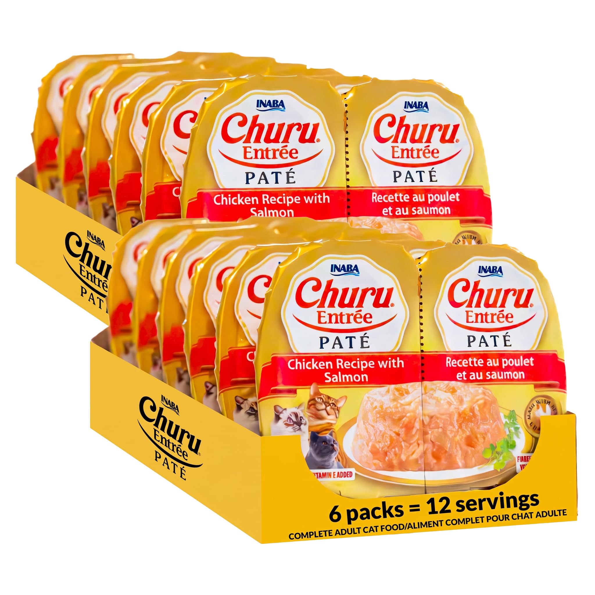 INABA Churu Entrée Pate for Cats, Grain-Free, High Protein &amp; Moisture, Prebiotic Wet Cat Food, 1.23oz. per Serving, 12 Servings, Chicken Recipe with Salmon (Pack of 2)
