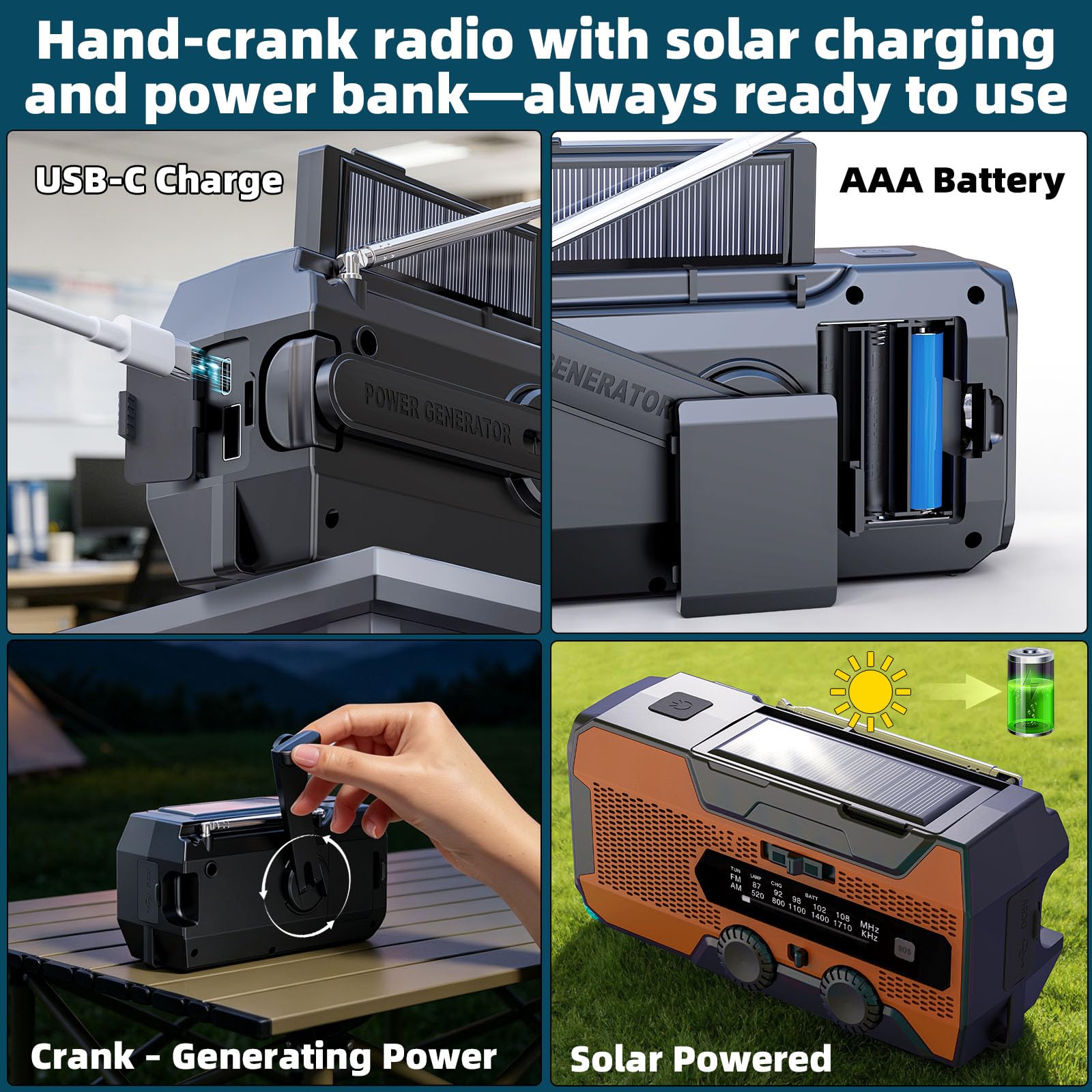 SOLARBABY A1 Radio a manovella, Radio Solare Portatile con 10000mAh Powerbank, AM/FM Radio di Emergenza Solare con Torcia Luce di Lettura Allarme SOS USB per Emergenze Blackout Campeggio, Arancione
