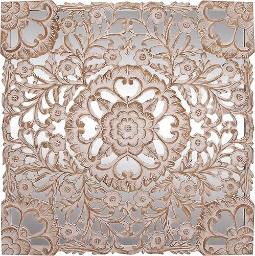 Deco 79 Decoración de pared floral con espejo de madera, 48 x 1 x 48 pulgadas, color blanco